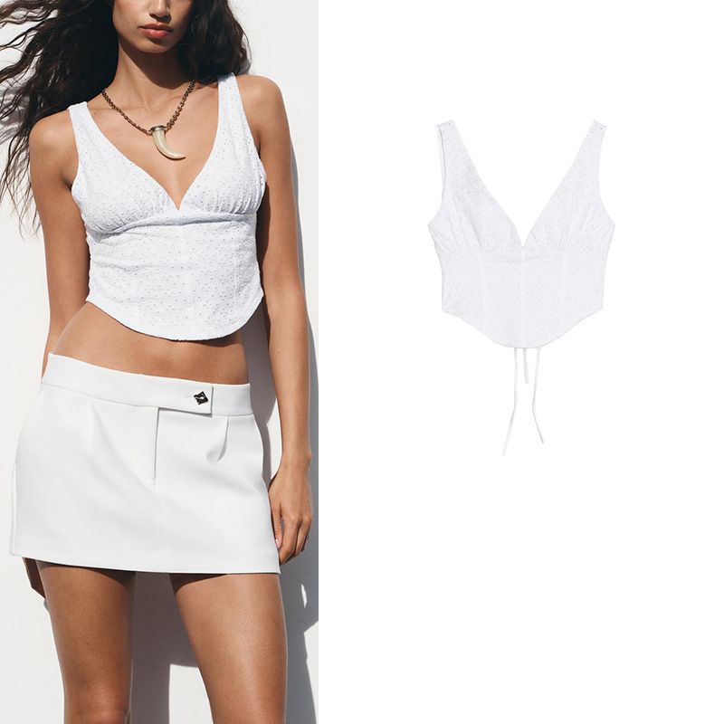 Summer New Women clothes Bowknot Decoration V-neck Cotton Hollow Embroidered Tight Wide Shoulder Strap Top 4174377