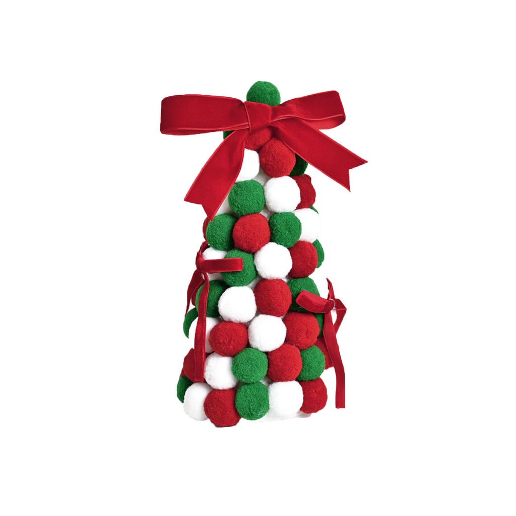 Festive Pom Pom Christmas Tree Tabletop Decoration with Bow for Holiday Home Office Party Decor and Seasonal Display