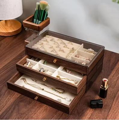 Multi-layer Wooden Jewelry Box Transparent Window Jewelry Storage Case for Ring Necklace Earring Bracelet