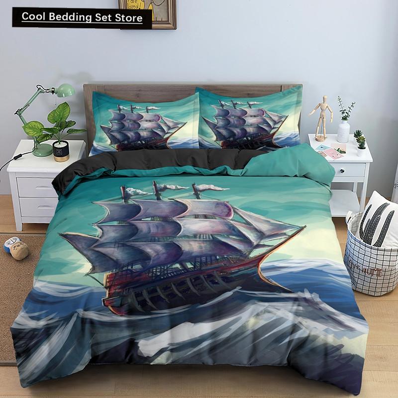Nautical Sailboat Duvet Cover Queen King Size 3D Oil Painting Boat Style Bedding Set Ocean Soft 2/3pcs Polyester Quilt Cover
