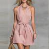 Women's Neck Mini Dress with Adjustable Waist Tie Sleeveless Backless Lightweight Casual Fit for Summer