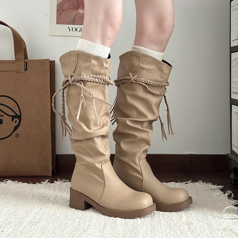 Retro wasteland fringed knight boots women's 2025 autumn and winter new thick heel but knee pile boots fashion boots