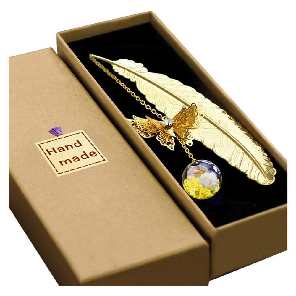 Bookmark Metal Feather Bookmark 3D Butterfly Pendant Dried Flower Book Lovers Teachers Gift Book Accessories With Gift Box