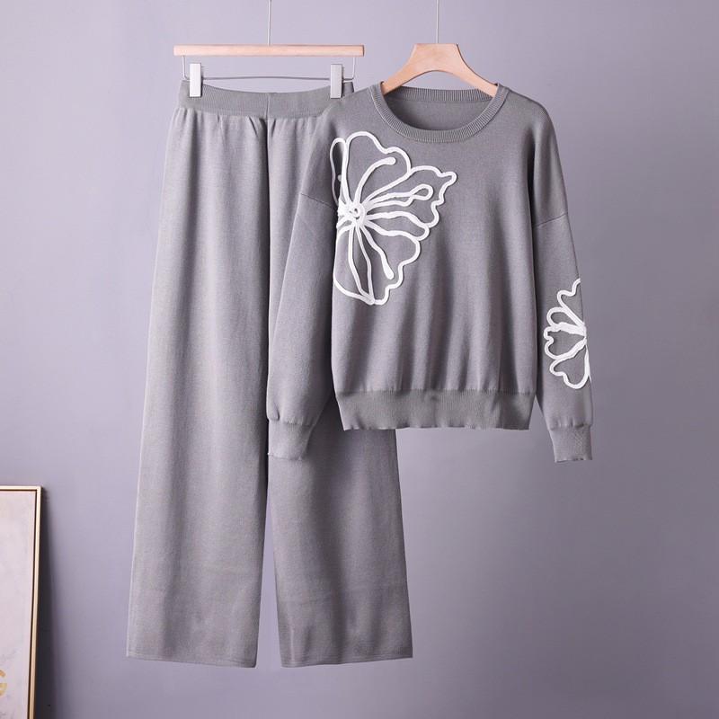 Womens Elegant Knit Set With Floral Embroidery Crewneck Sweater Wide-Leg Casual Pants