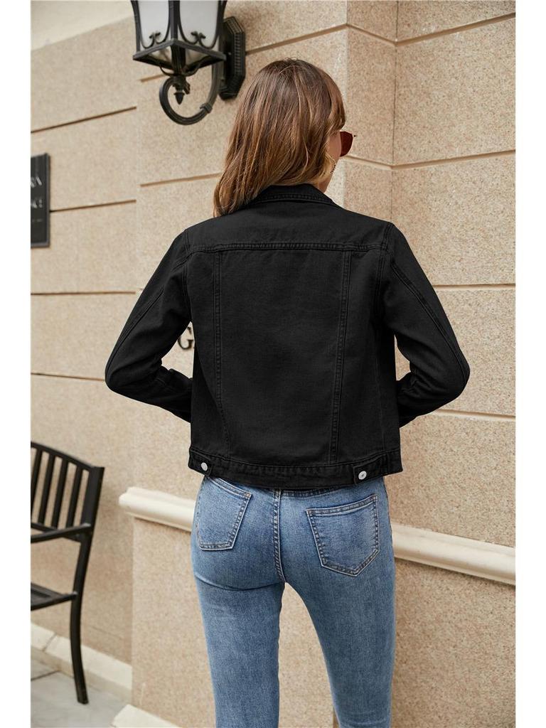 2025 Europäische & Amerikanische Grenzüberschreitende Mode Schlank geschnittene Damen Jeans Bomberjacke mit Umlegekragen & Taschen, Vielseitige einfarbige Oberbekleidung