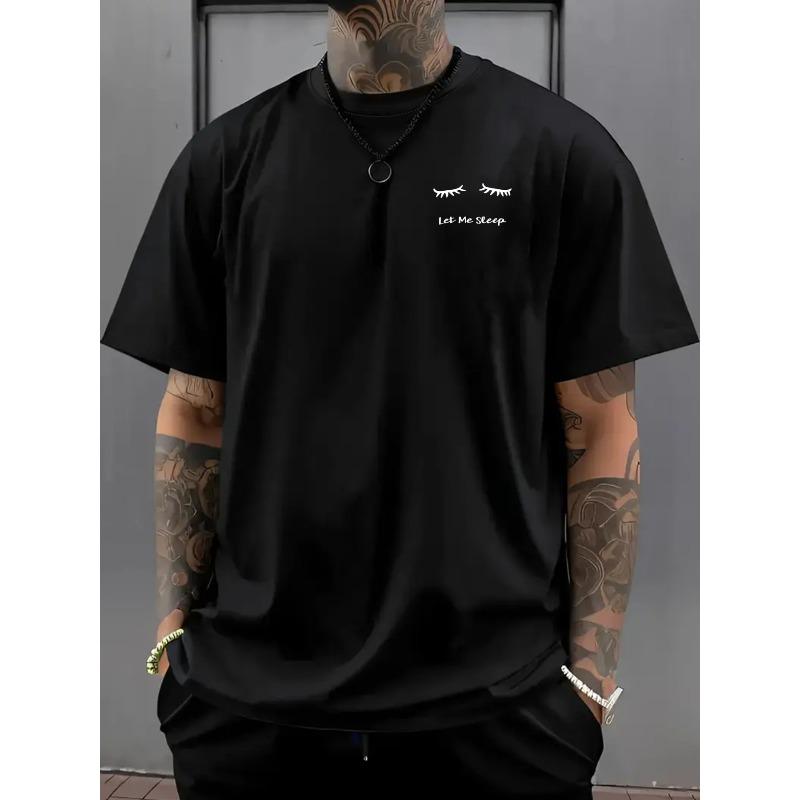 Men's Drop-Shoulder T-Shirt, "Let Me Sleep" Double-Sided Print with Sleeping Eyes Design, Loose Fit Men's Tee, New Trendy Style Men's Apparel