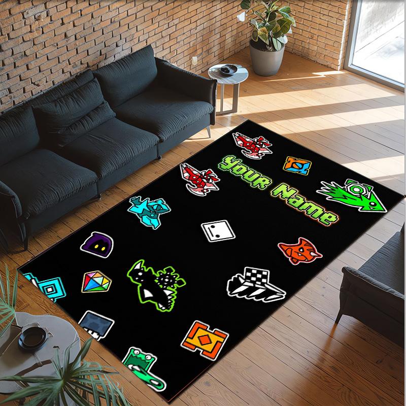 Personalized Crystal Velvet Carpet Custom Name Text,Geometry Dash Anti Slip Area Rug For Home Decoration