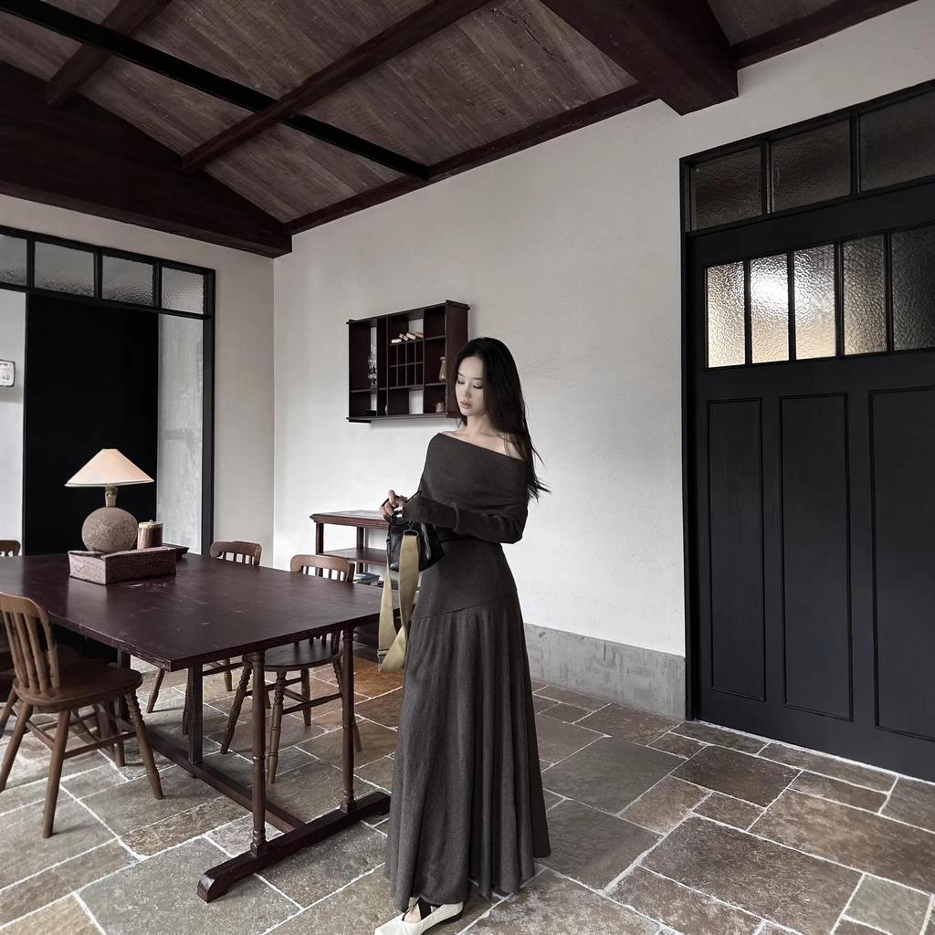 2026 Elegant One-Shoulder Korean Dress: Women's Spring/Autumn Lazy Style Full Set