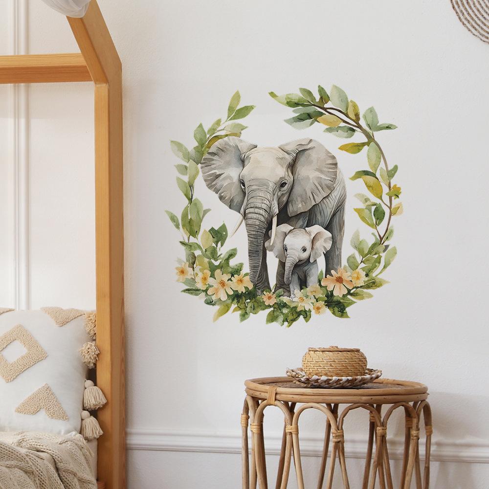 Cartoon Parent-child Baby Elephant Flower Grass and Green Leaf Background Beautification and Decoration Wall Stickers