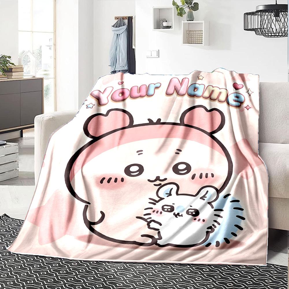 1pc Chiikawa Blanket with Custom Name, Gift, for Men and Women, Soft Blanket, Good for Sofa Bed Couch Travel, Lightweight Flannel Blanket