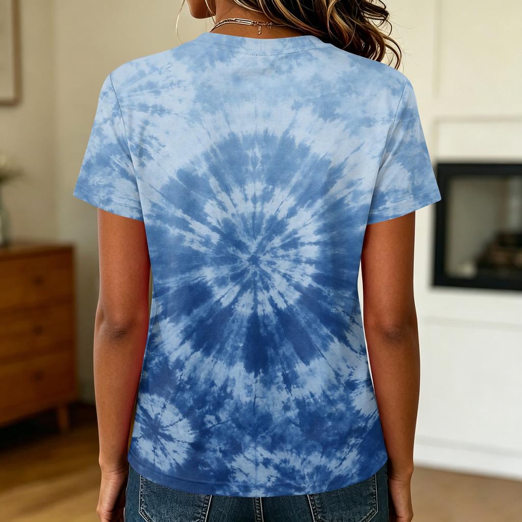 Women's Casual Pullover T Shirt Short Sleeve Round Neck Tie Dye Print Top Lightweight Comfortable Fit