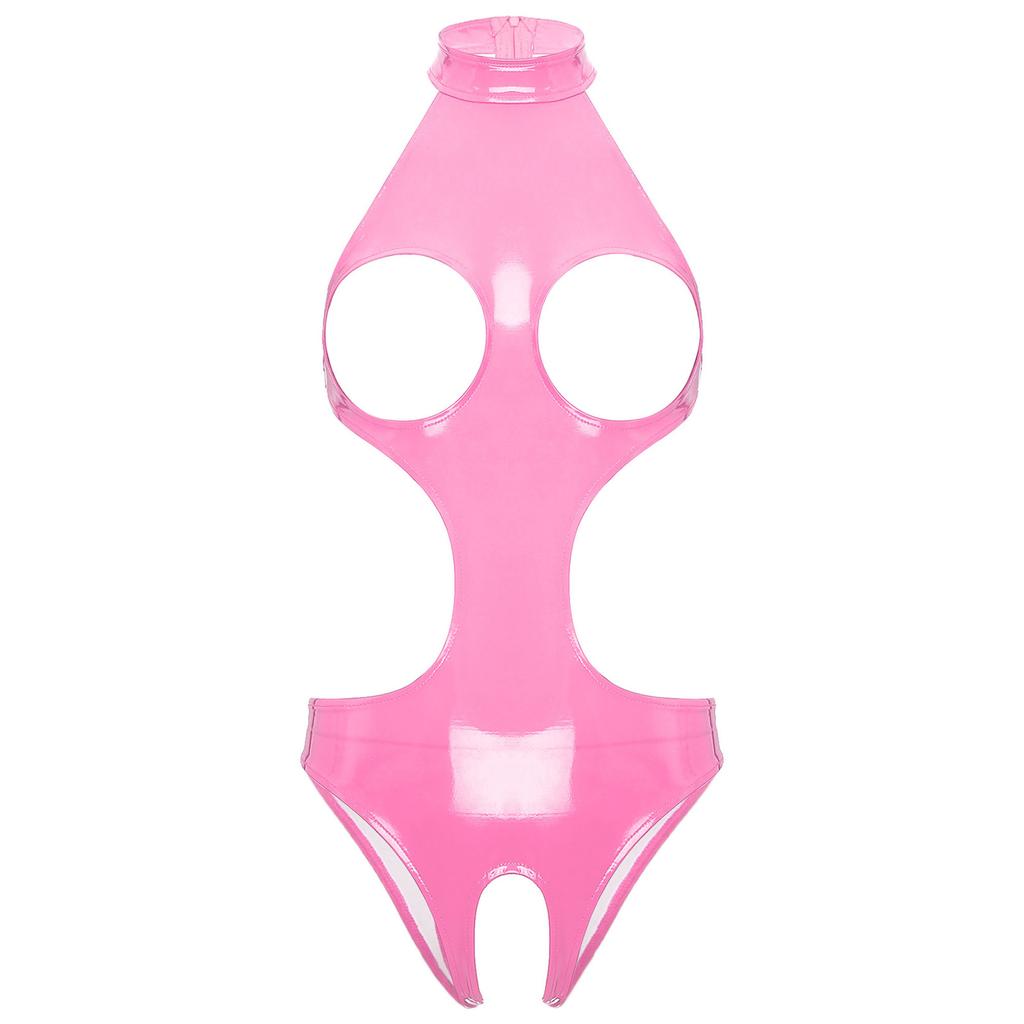 Womens Lingerie Open Breast Crotchless Lace Trimmed Leotard Bodysuit One-piece Wet Look Patent Leather Latex Teddy Clubwear
