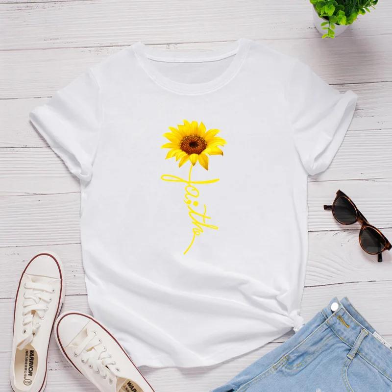 Sunflower Faith Letter Print Women T Shirt Short Sleeve O Neck Loose Women Tshirt Ladies Tee Shirt Tops Clothes Camisetas Mujer