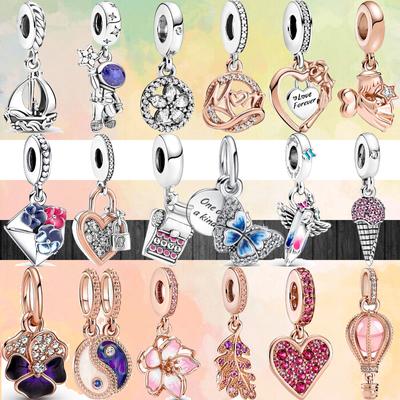 New Butterfly Flowers Envelopes Crayons Ice Cream Balloon Pendant Fit Original Fashion Charm Silver Color Bracelet Beads Jewelry