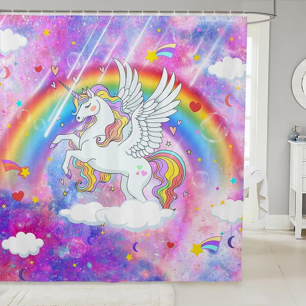 Sött Enhörning Duschdraperi Set Flickor Barn Pojkar Lila Enhörning Badrumsgardiner Kawaii Rumsinredning, Regnbåge Vattentätt Badrum