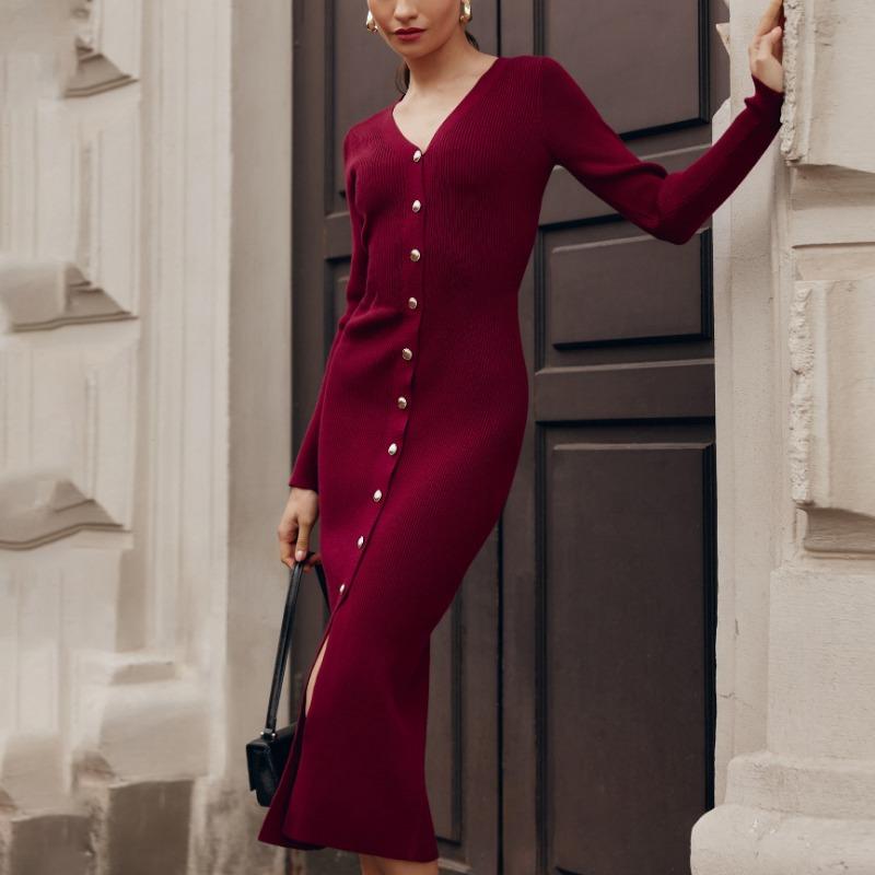 Casual Long Sleeve Knit Ribbed Dress Button Slit Female Sweater Cardigan Dresses Slim Solid Elegant Office Ladies Clothes