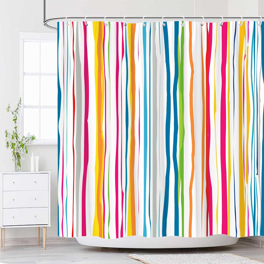 

Abstract Wavy Stripe Shower Curtain – Vibrant Multicolor Vertical Lines On White, Waterproof Polyester, 12 Rustproof Hooks W60H190(CM)-1 Pcs