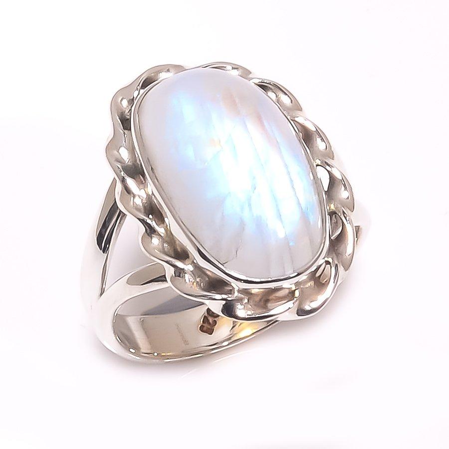 Natural Rainbow Moon Stone Gemstone 925 Solid Sterling Silver Ring Size 6.5 G5k08
