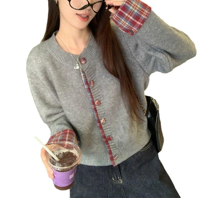

Контрастный клетчатый дизайн, трикотажный кардиган с длинными рукавами, весенне-осенний, с круглым вырезом, имитация двух частей, свитер-жакет, топ женский average size серый