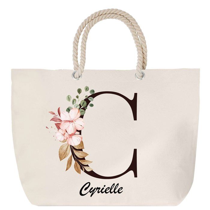 Sac de plage - PLANETEE - Cyrielle - Anse corde - Lettre Fleur - Grand format
