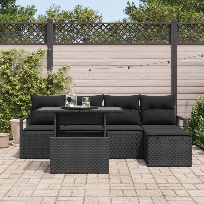 Ensemble de Canapés de Jardin 6 Pièces avec Coussins Noir Rattan Poly, Canapé de Jardin 2 Places avec Coussins Noir Rattan 3348809