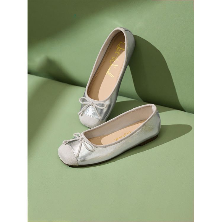 Small inner height increase ballet shoes women's head silver single shoes bow Mary Jane shoes children
