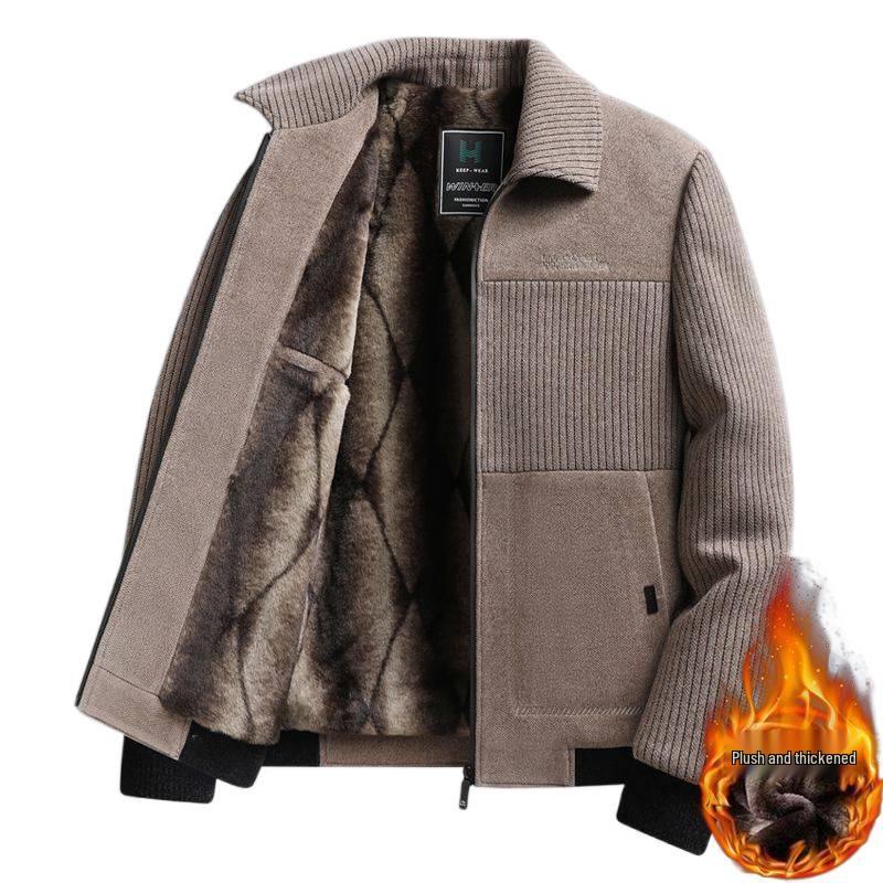 Men's Chenille Lapel Woolen Coat - Velvet Lined Winter Jacket for Middle-Aged and Elderly Dads