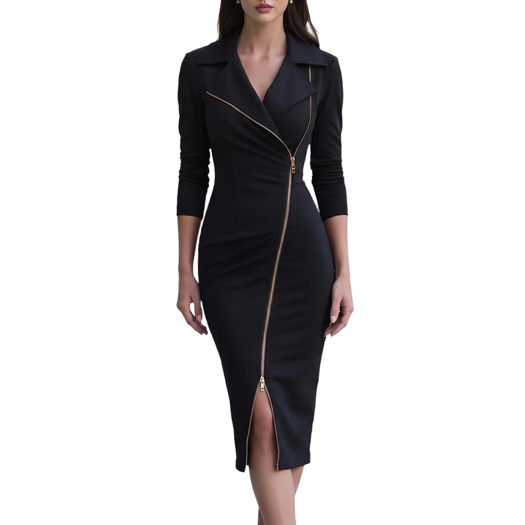 Women's Long Sleeve Dress with Lapel Collar and Zipper Slit for Work and Party