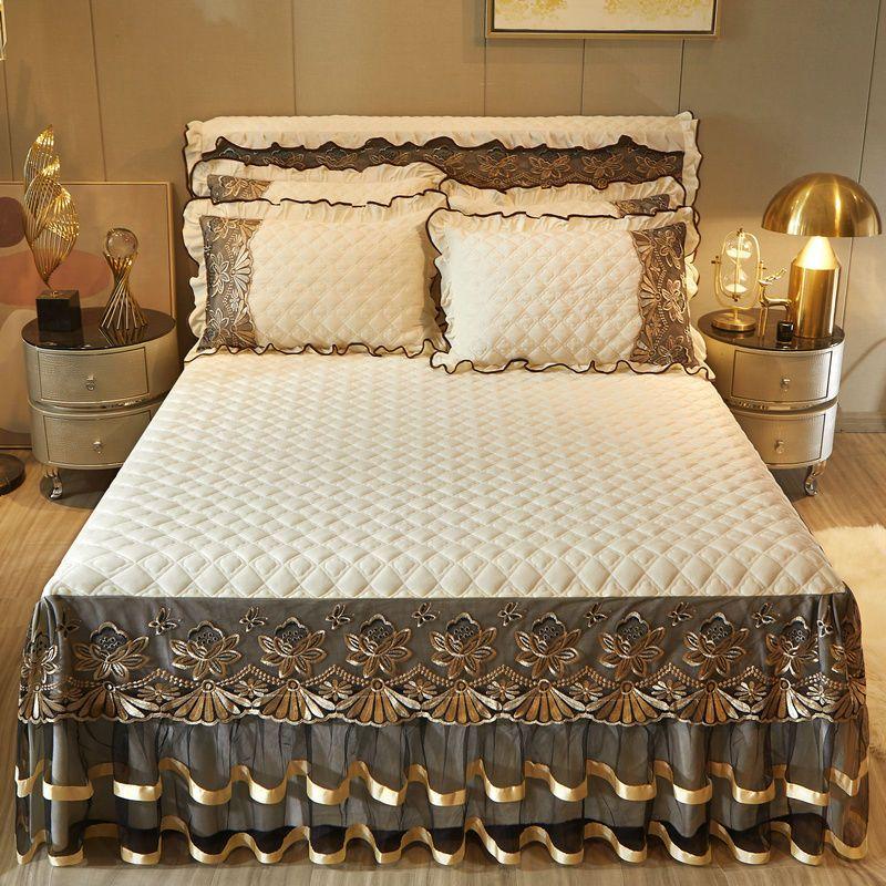 3pcs Luxury High-end Lace Fitted Sheet Set, Soft Comfortable Breathable Solid Color Clip Cotton Bedding Bed Skirt Style Mattress Protector Set