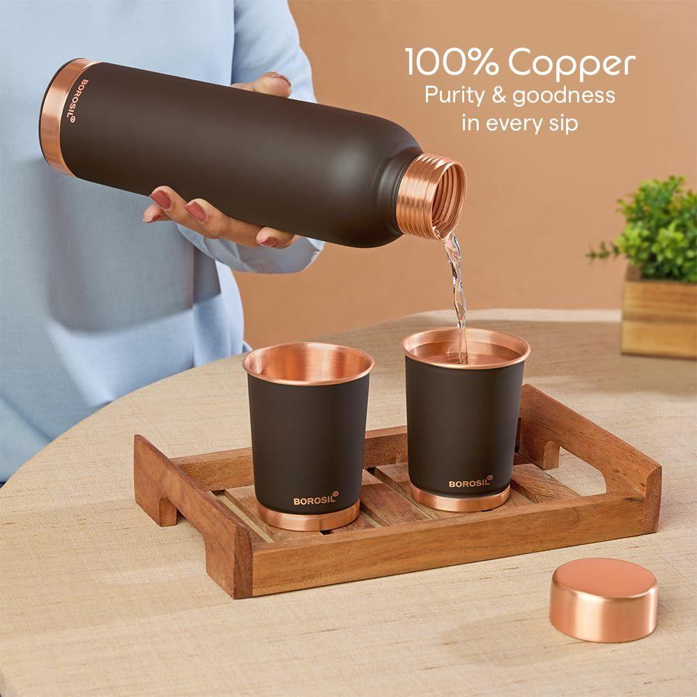Copper Bottle with Glass Set | 1L Bottle with 2 Tumbler (250 ml Each) | 100% Pure Copper with Anti-Oxidant Properties of Copper