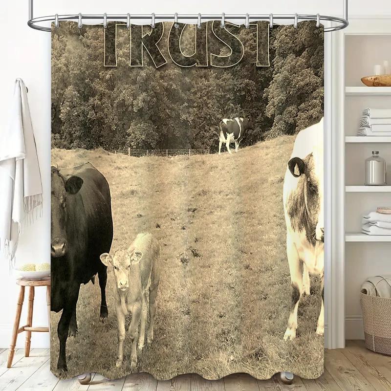 Farmhouse Bathroom Decor Shower Curtain Featuring Trust Farm Animals Black Bull White Cow With Calves Country Rustic Style Home
