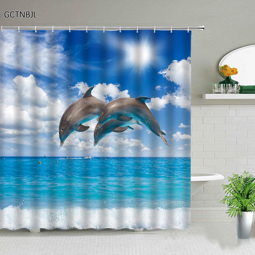 Funny Dolphin Shower Curtains Cute Ocean Animal Blue Seawater Sea Wave Scenery Bathroom Decor Cloth Hanging Curtain With Hooks