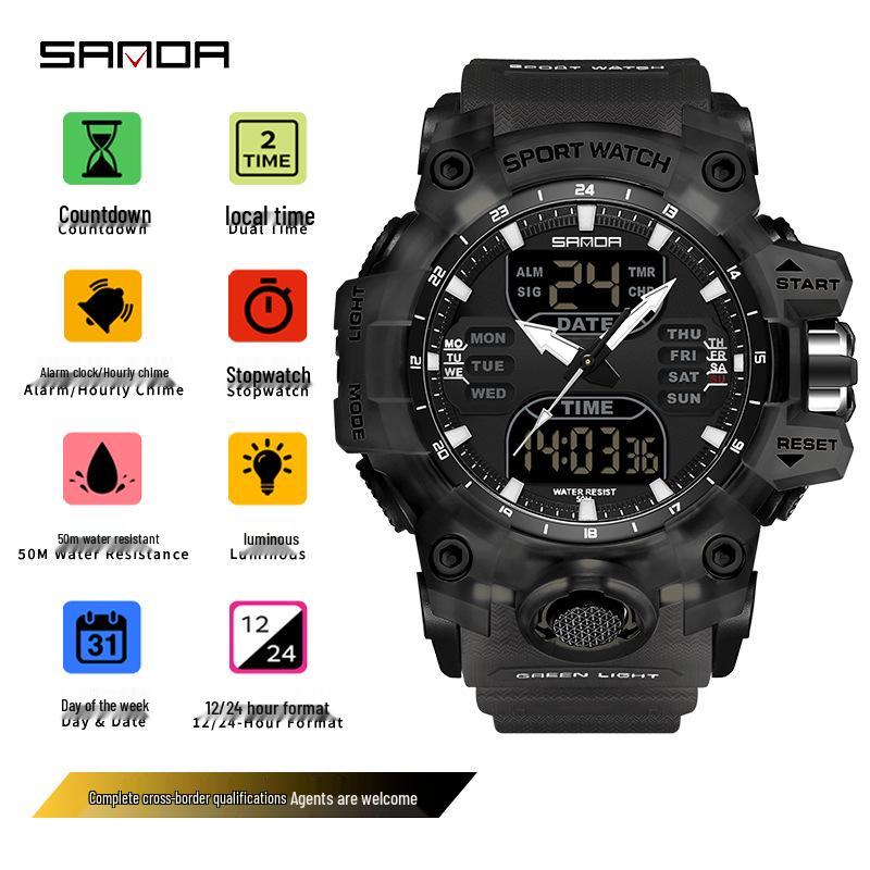 Sanda Multifunctional Waterproof Sports Watch for Outdoor and Student Use with Dual Display and Alarm Clock.