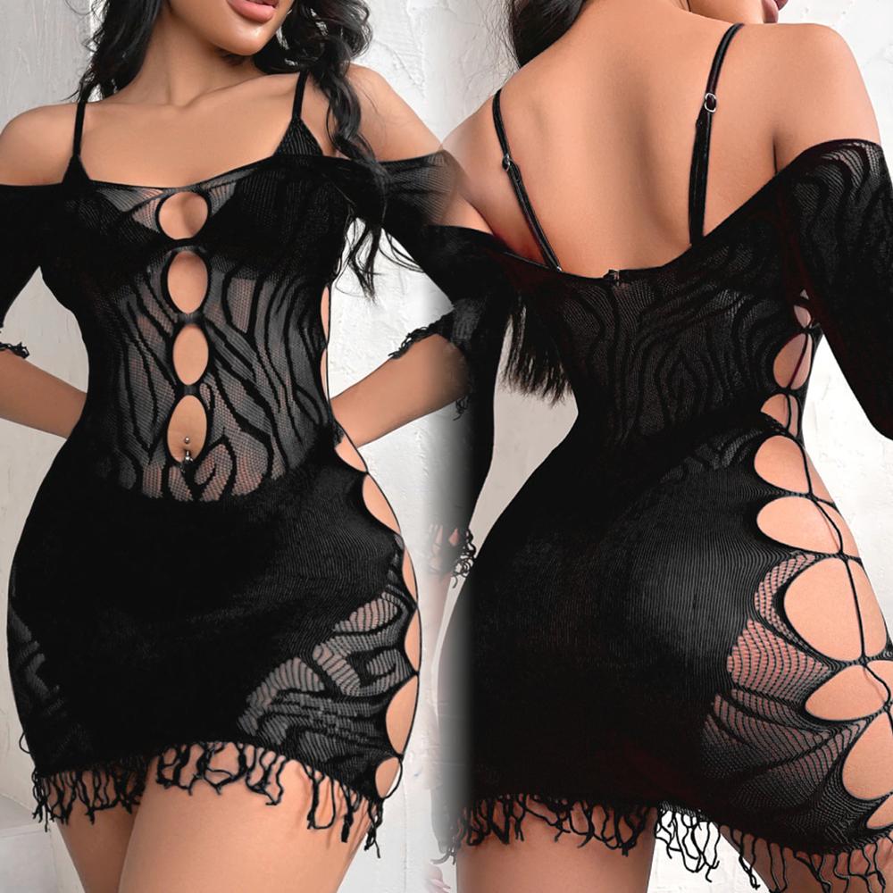 Hollow Out See Through Mini Fishing Net Dress Sexy Short Skirts Transparent Bodycon Dress Women'S Erotic Mesh Tight Lingerie