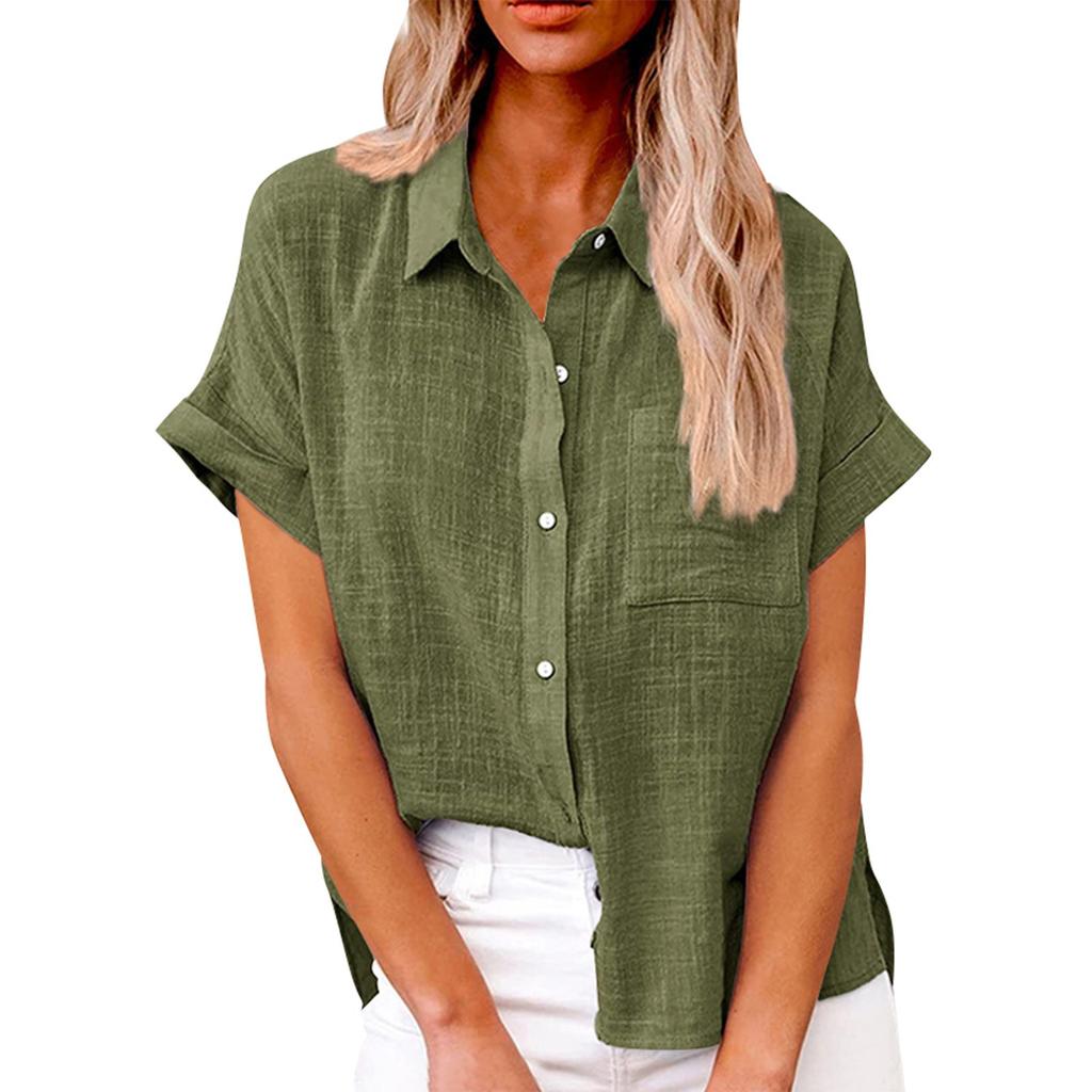 Women's Fashion Loose Casual Short Sleeve Lapel Button Down Shirt Solid Color With Pocket T-Shirt Top