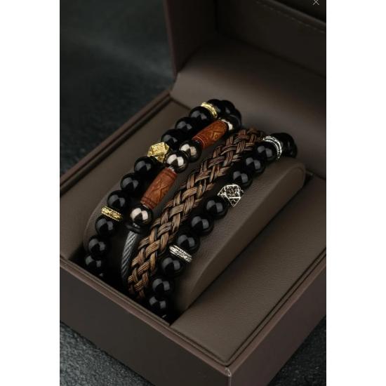 

Набор мужских комбинированных браслетов из кожи и натурального камня, 3 предмета