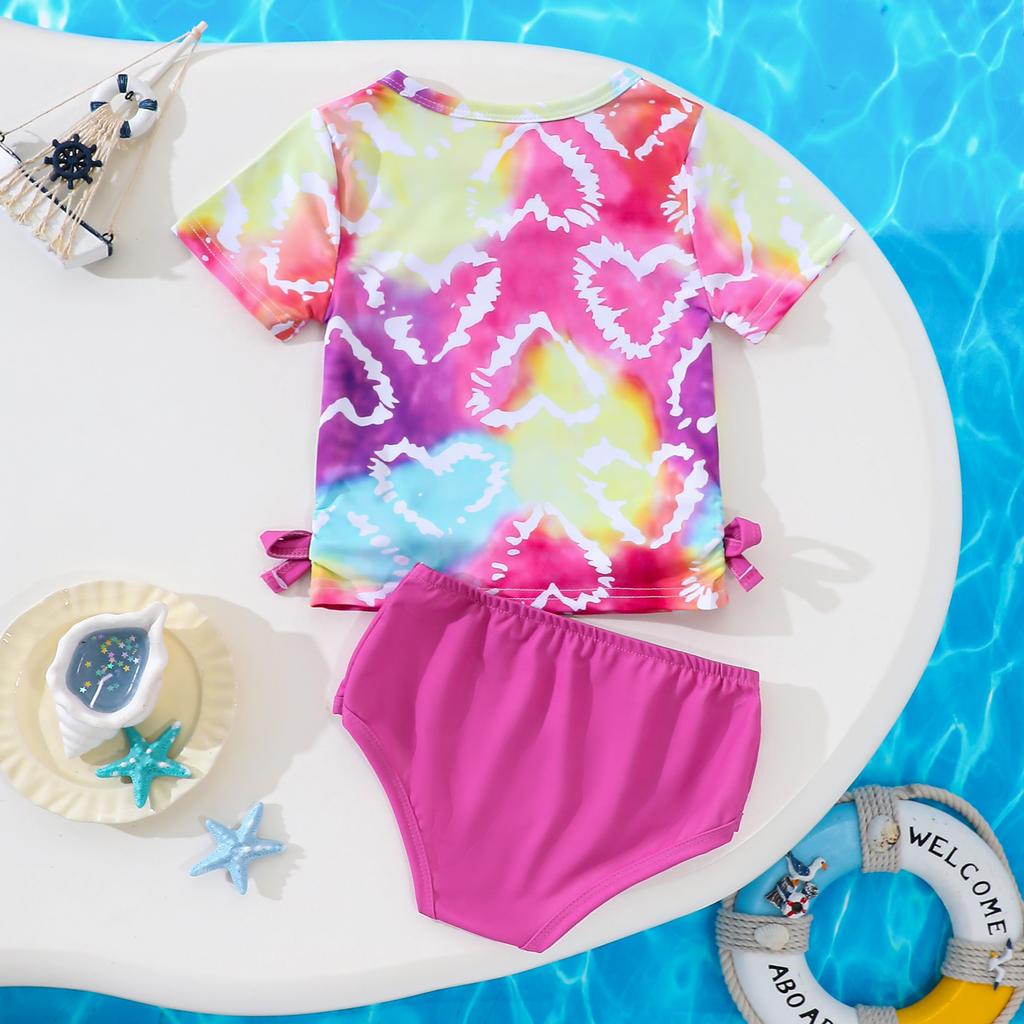 Flickor Badkläder Set Sommar Färgstark Hjärta Tie-Dye Tryck Rosett Topp Bikinibotten 2 Delar Set