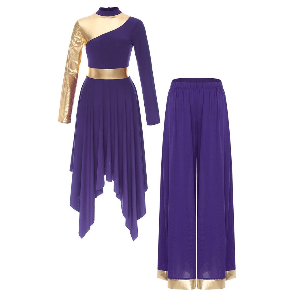 S-XXL Womens Worship Praise Dance Costume Long Sleeve Asymmetrical Hem Dress and Wide Leg Pants Contrast Color Dancewear Outfits
