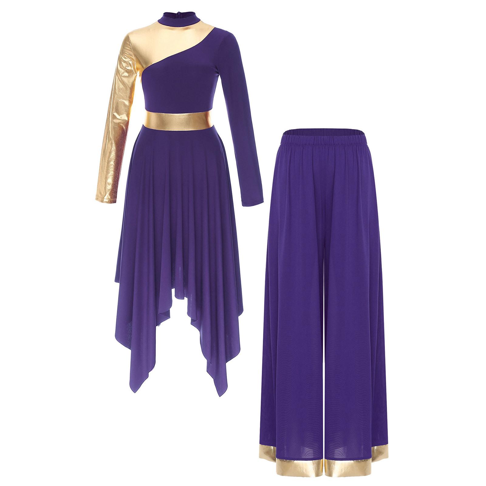 

Womens Praise Dance Dress Asymmetrical Hem Long Sleeve Wide Leg Pants Contrast Color Worship Outfit S фіолетовий