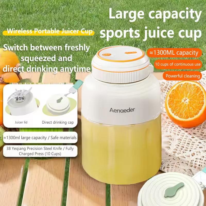 Aenaeder Portable Wireless Juicer Cup 1300Ml Large Capacity Sharp Blades Dual Lids For Outdoor Sports Camping Picnic