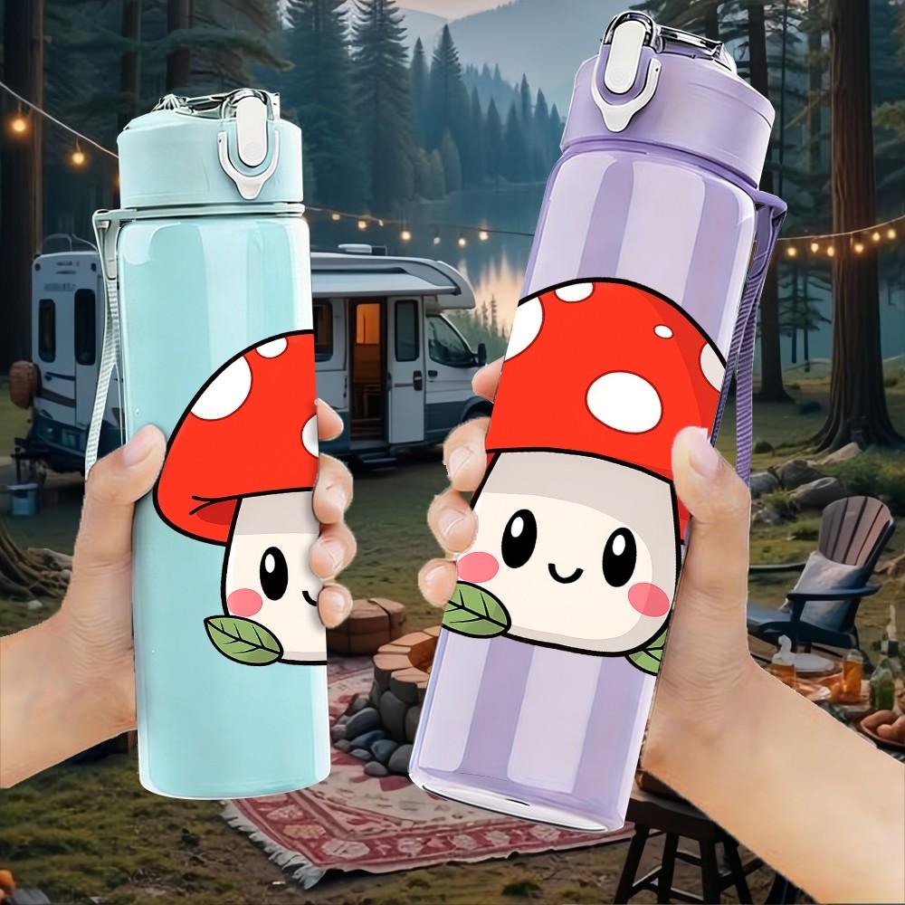 1PC Mushroom Cartoon Pattern 750ml Color Plastic Sports Water Bottle Leakproof Flip Straw Lid Suitable for Sports Office Home Use