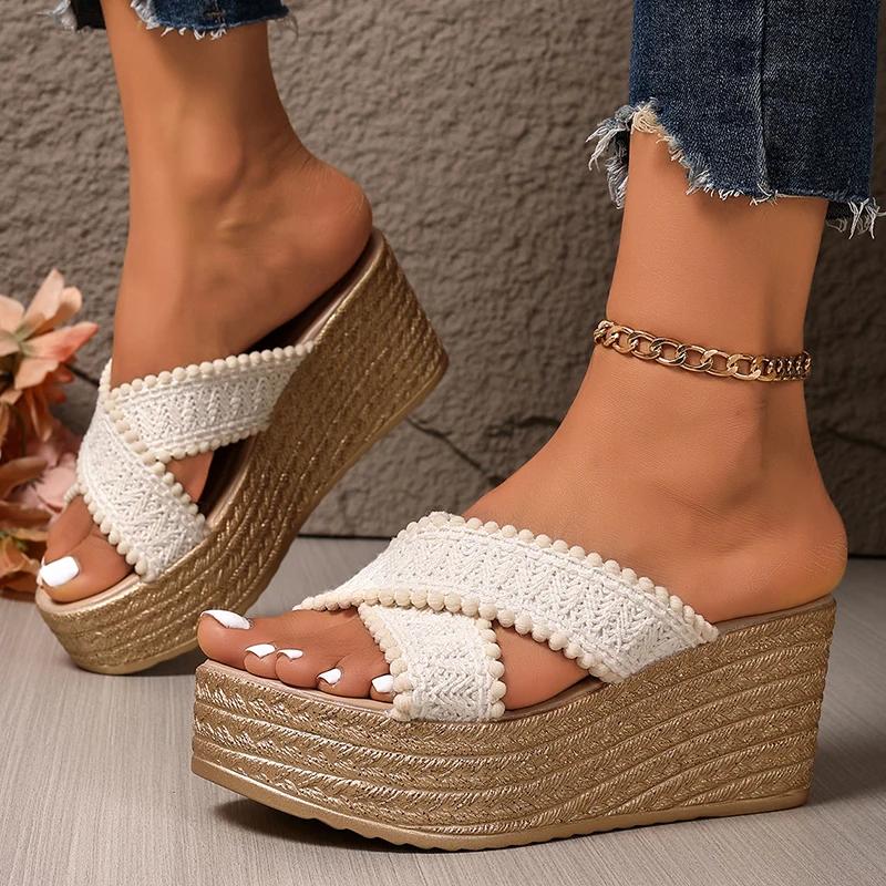 Fashion Cross Strap Chunky Platform Sandals for Women 2025 Summer Thick Bottom Wedge Slippers Woman Plus Size Fashion High Heel Sandals