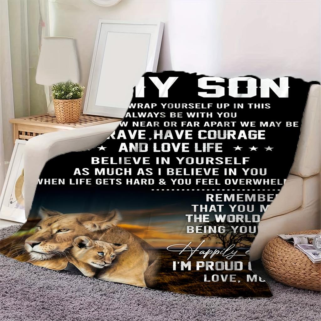 Emotional Lion Print Fleece Blanket for Son - Mom's Inspiring Message Gift, Soft Warm Throw for Bedroom, Couch, Travel,