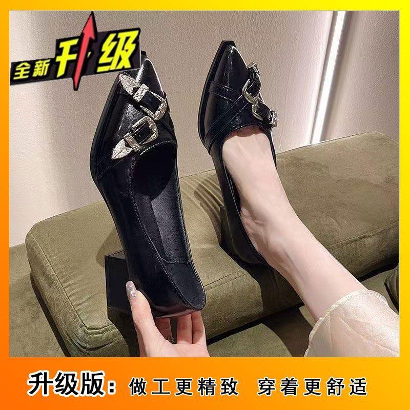 French Mary Jane shoes 2025 new spring thick heel pointed middle heel high heels single shoes women's skirt small leather shoes