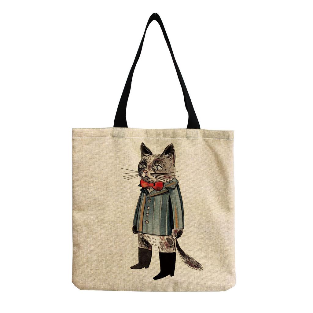 Women Vintage Linen Tote Bag - Large Capacity Cat Print Shoulder Handbag for Casual & Grocery Shopping KTB