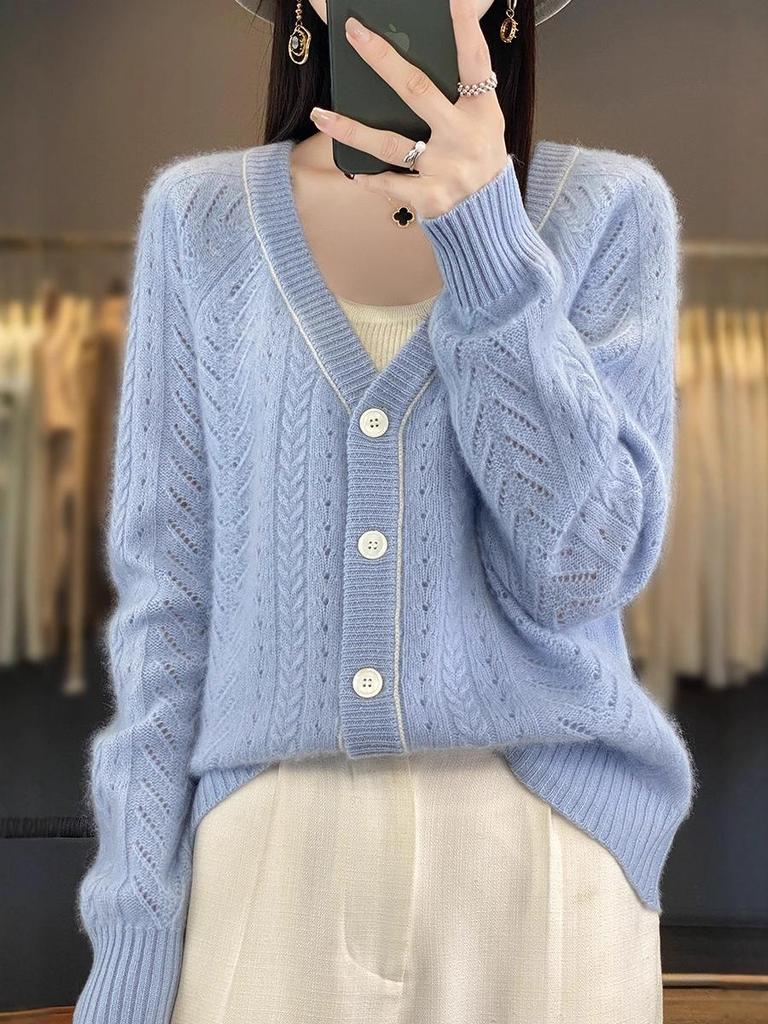 Damen Strickjacke aus Wolle mit hohlem V-Ausschnitt - Herbst/Winter Langarm Kaschmirpullover