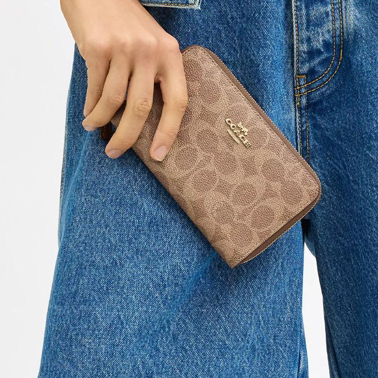 New COACH Id Zip Wallet Coated Canvas Wallet Medium Size Women's Gold & Tawny & Brown CW781-IMXHE