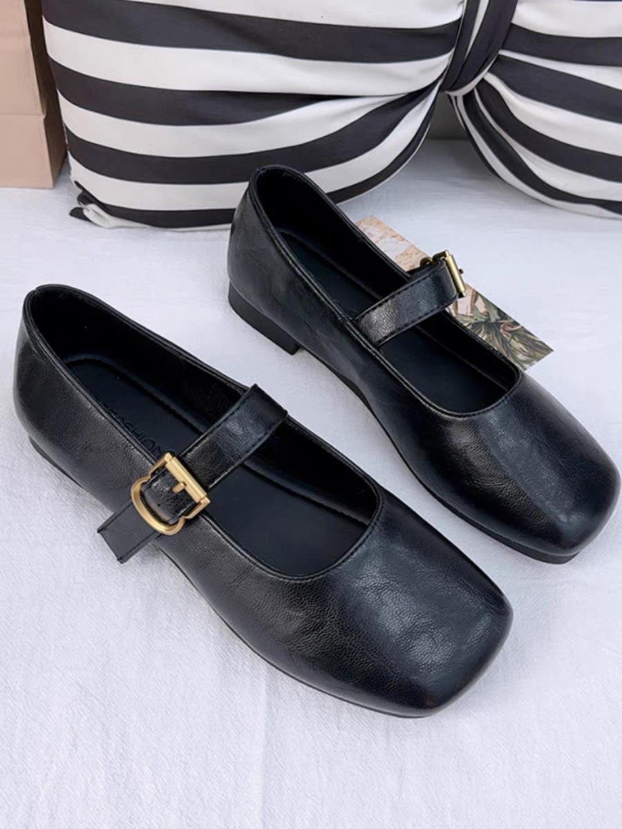 

Foreign trade retro small leather shoes 2025 spring and autumn new one-word buckle with soft sole Mary Jane flat single shoes women 40 чёрный
