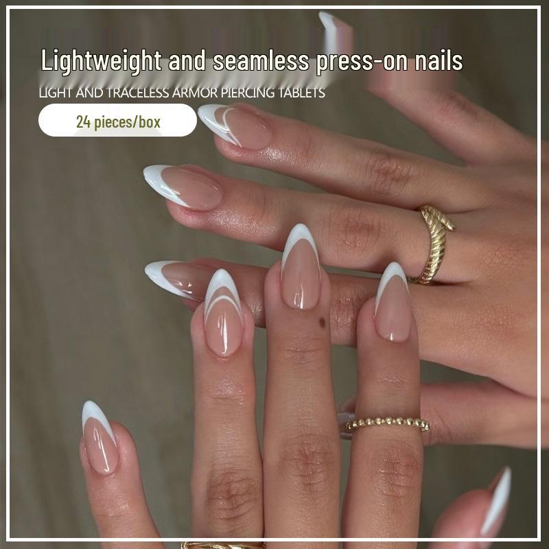 

European & American Trendy Wearable Nail Art: Removable French White Edge False Nail Patches, Set of 24 Pieces. UV Gel Glue Style