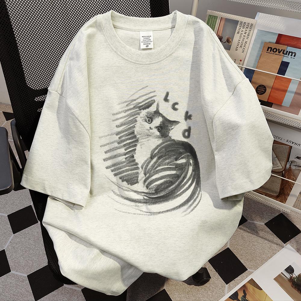 Summer Pure Cotton Women Cute Cartoon Cat Print T-Shirt Harajuku Round Neck Oversize Casual Y2K Tops Young Girl T Shirts Streetwear